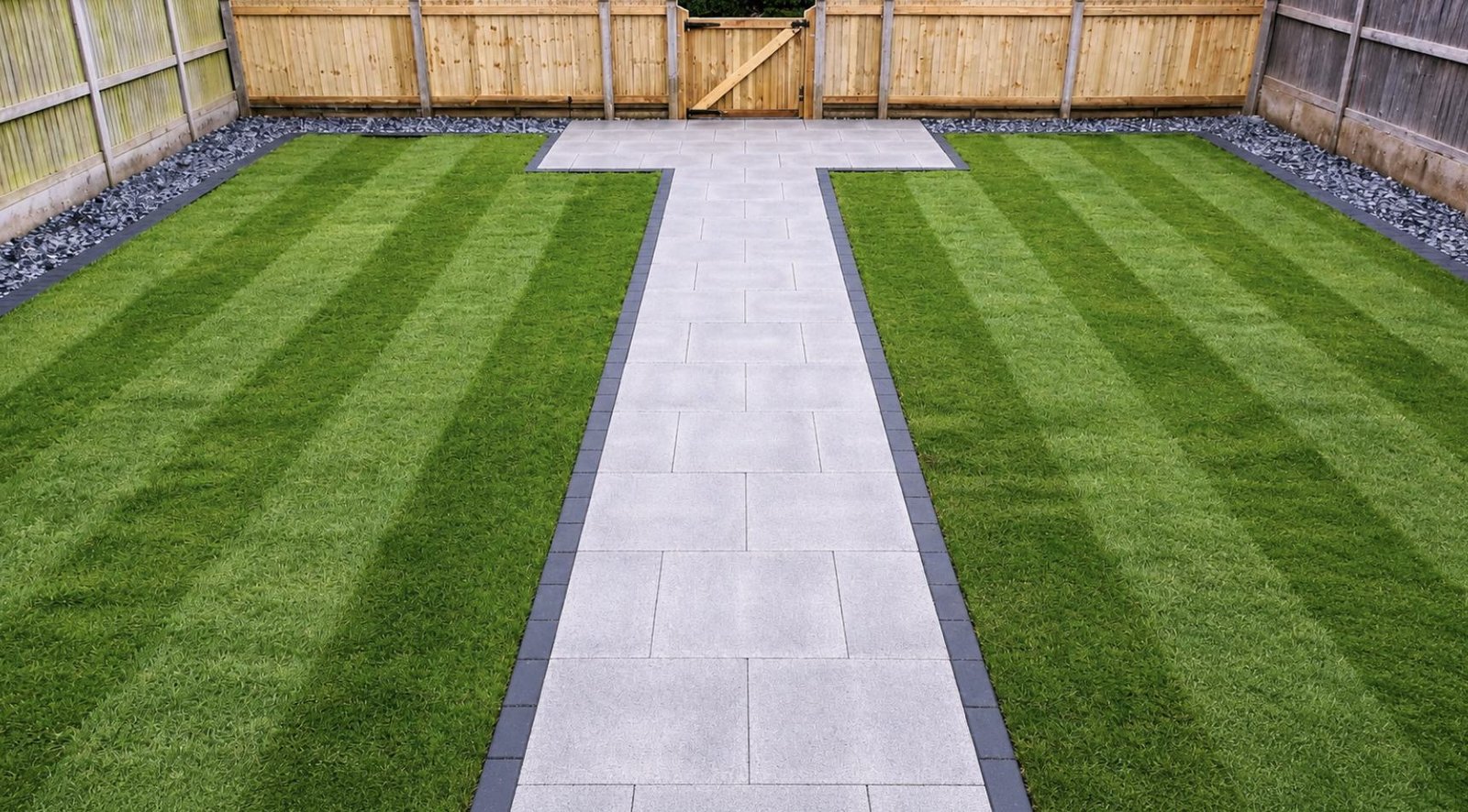Striped new lawn either side of a porcelain path, Kent